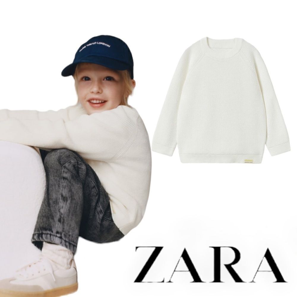 ZARA Kids | Oyster White | WAFFLE-KNIT SWEATER WITH LABEL